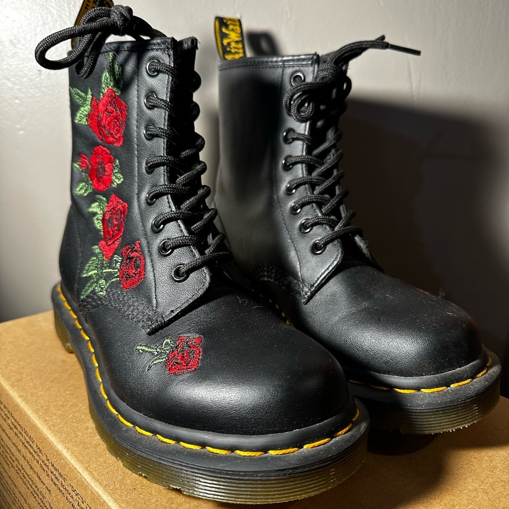 Dr. Martens Black Boots with Red Floral Embroidery